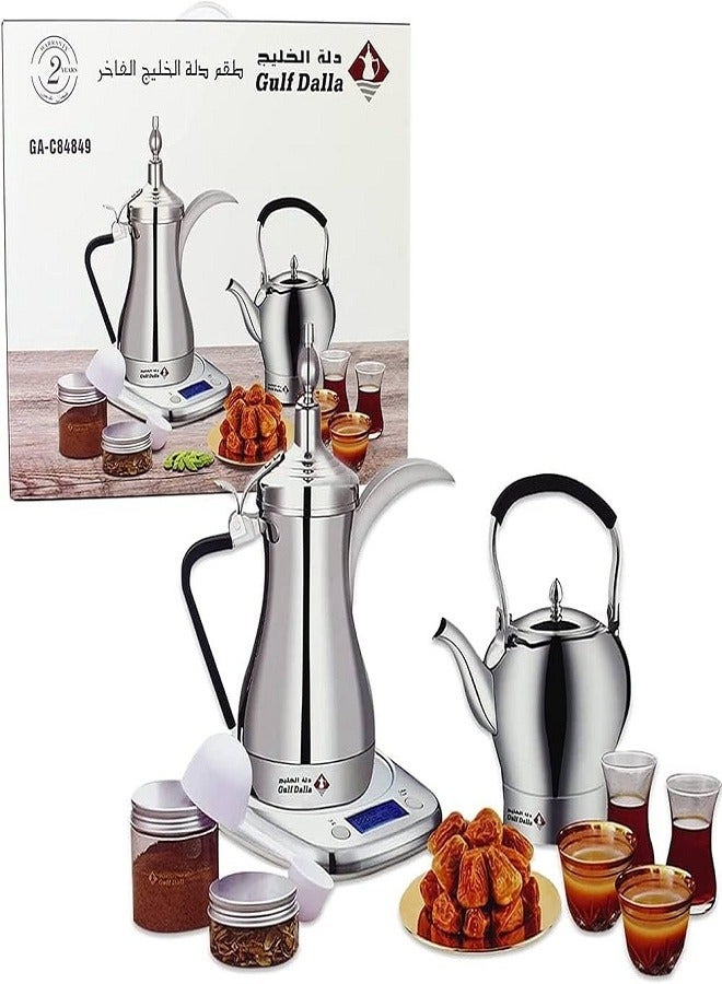 Electric Arabic coffee and tea maker from Al Khaleej, with glass and accessories, 1 liter, 1000 watts, two years warranty, Dallah making 1, 1000 watts, silver - Image 1