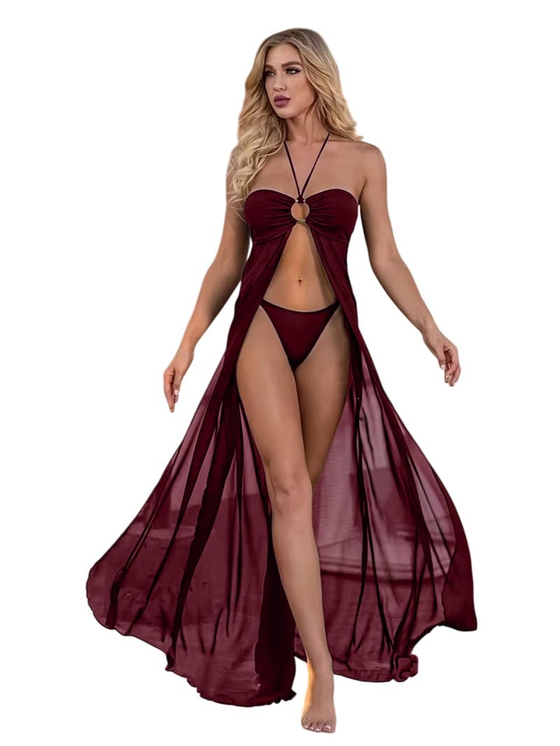 RioDebella Elegant Maroon Sheer Maxi Dress with Strapless Bandeau Top and Bikini Bottom - Image 1