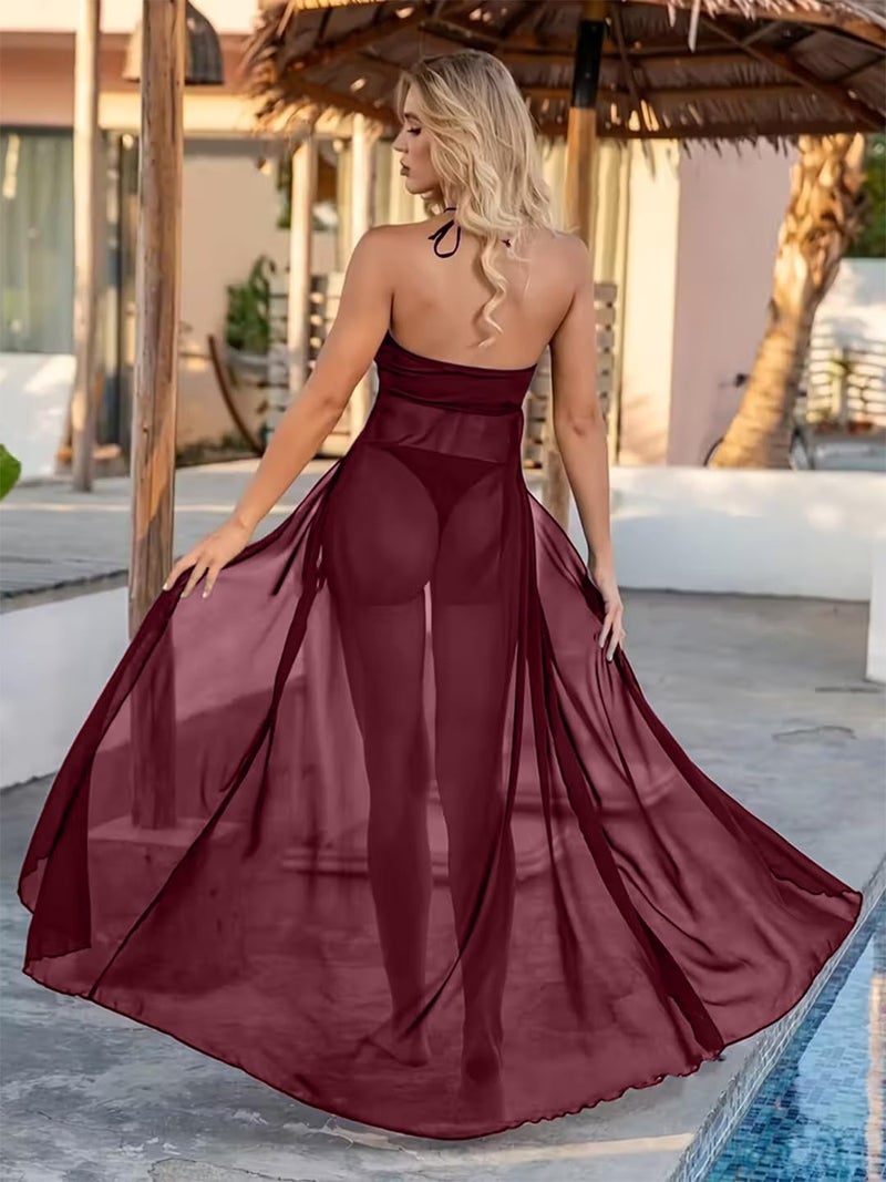 RioDebella Elegant Maroon Sheer Maxi Dress with Strapless Bandeau Top and Bikini Bottom - Image 2
