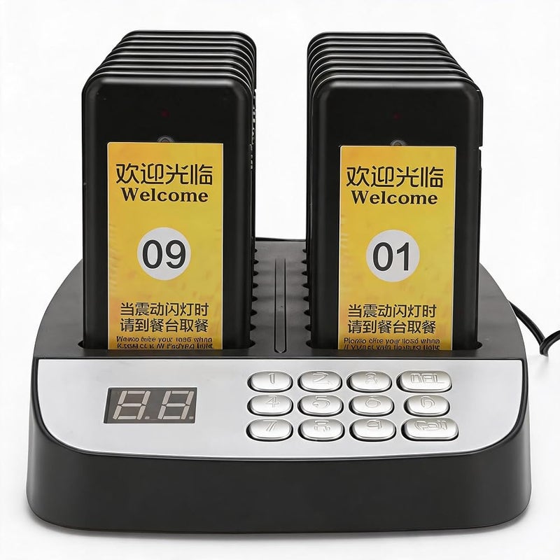 Bewinner Restaurant Pager System, Wireless Queue Call System with 1 Host 16 16 Pagers, 1000m Distance, 3 Vibration Modes, Strong (UK Plug) - Image 1