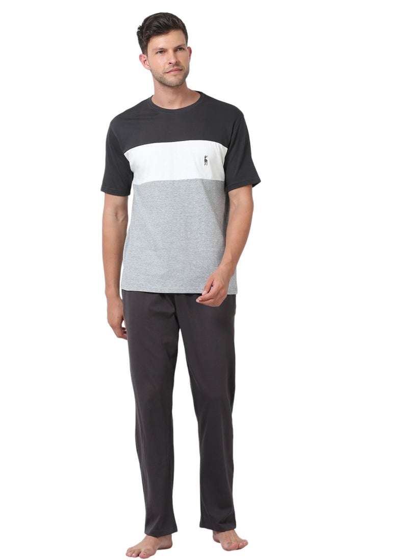 victor and jane Men's Cotton Pyjama Sets with Round Neck T-shirt in Grey MEL and Dark Grey long pants  - Image 1