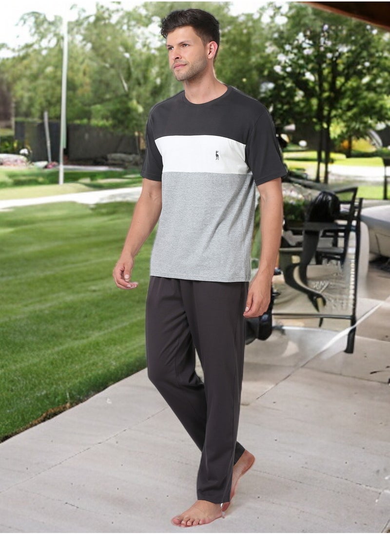 victor and jane Men's Cotton Pyjama Sets with Round Neck T-shirt in Grey MEL and Dark Grey long pants  - Image 2