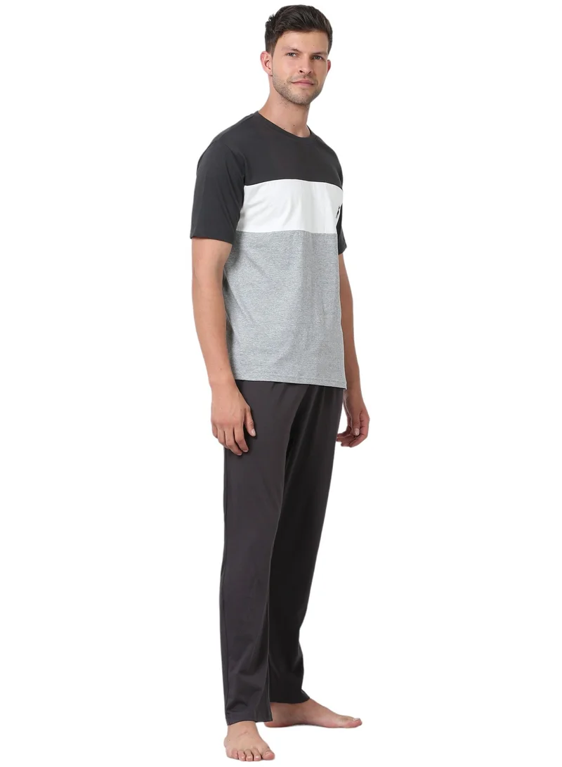 victor and jane Men's Cotton Pyjama Sets with Round Neck T-shirt in Grey MEL and Dark Grey long pants