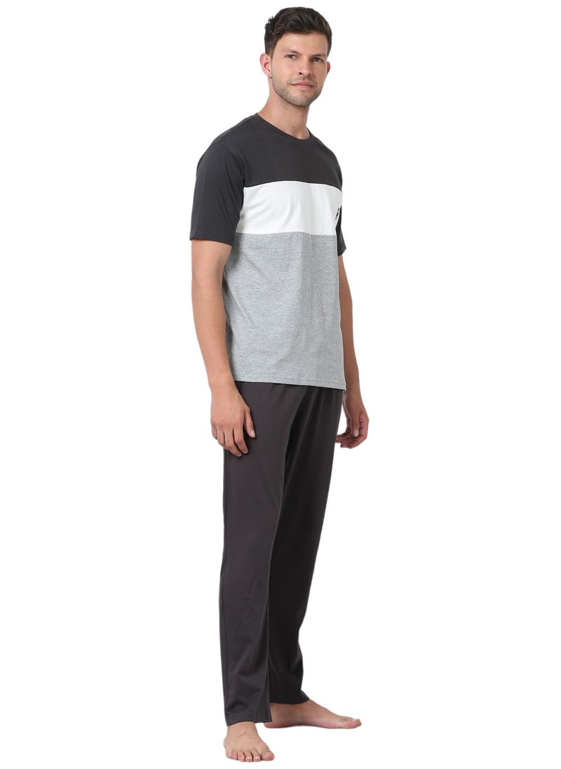 victor and jane Men's Cotton Pyjama Sets with Round Neck T-shirt in Grey MEL and Dark Grey long pants  - Image 3
