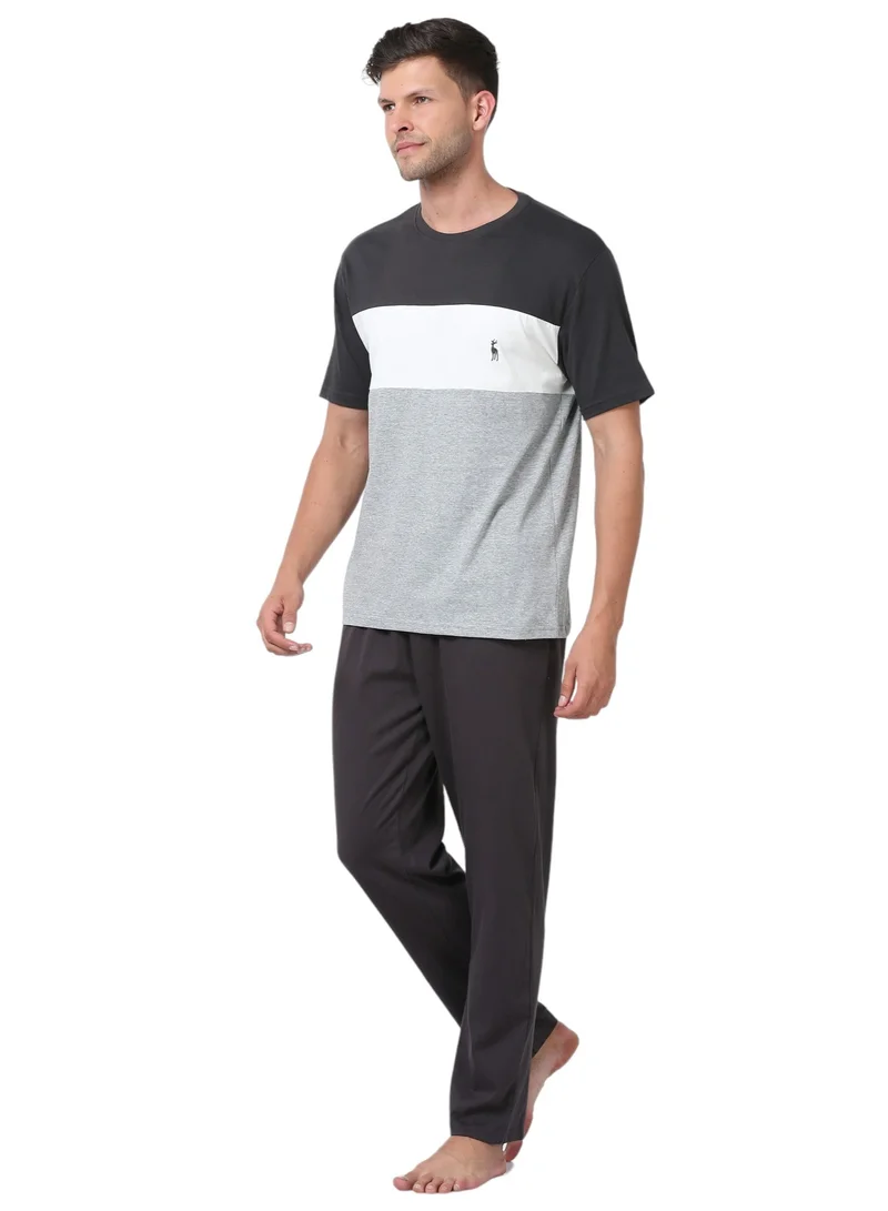 victor and jane Men's Cotton Pyjama Sets with Round Neck T-shirt in Grey MEL and Dark Grey long pants