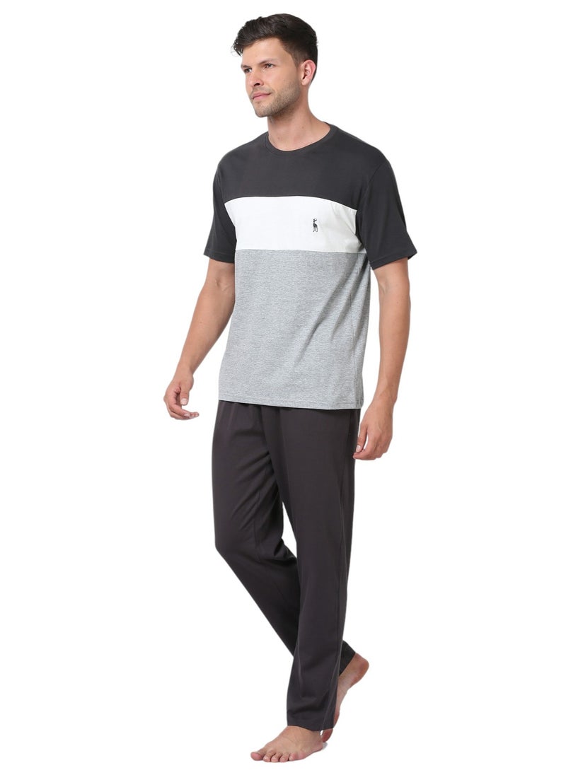 victor and jane Men's Cotton Pyjama Sets with Round Neck T-shirt in Grey MEL and Dark Grey long pants  - Image 4