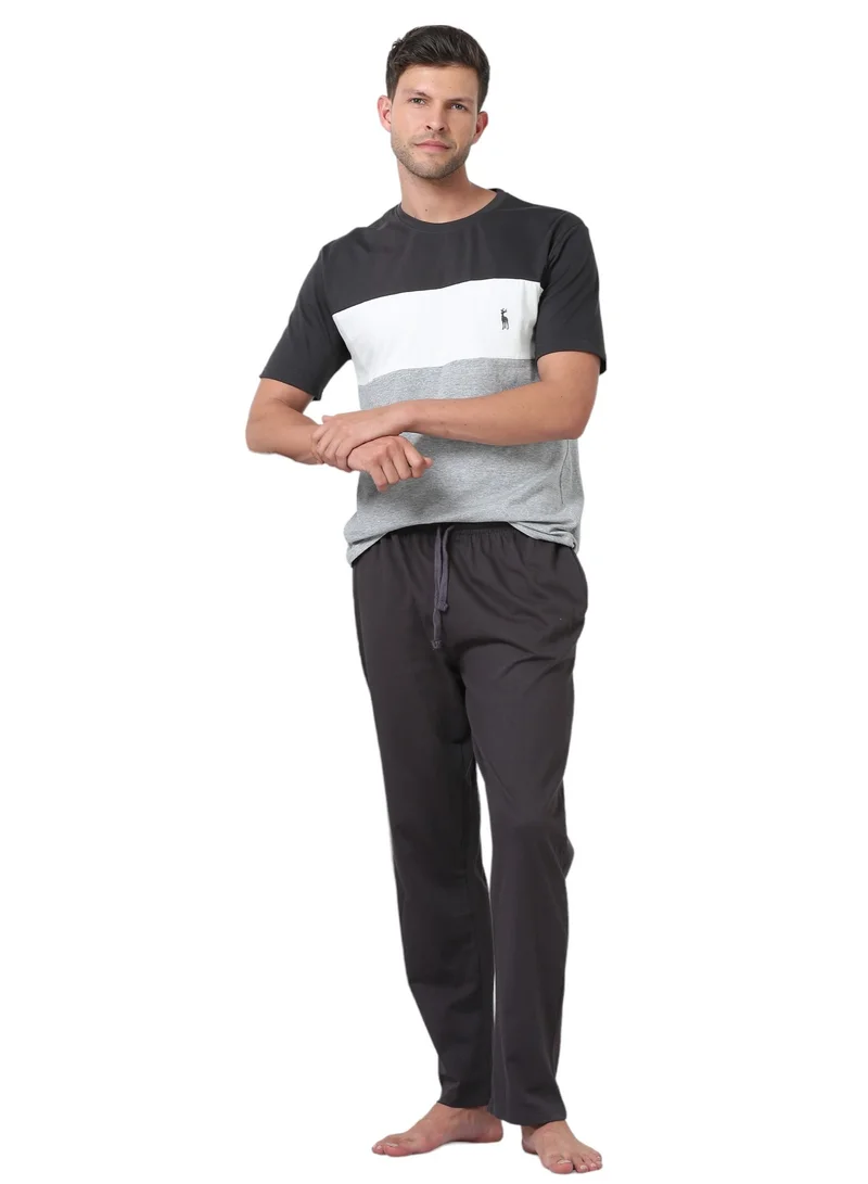 victor and jane Men's Cotton Pyjama Sets with Round Neck T-shirt in Grey MEL and Dark Grey long pants