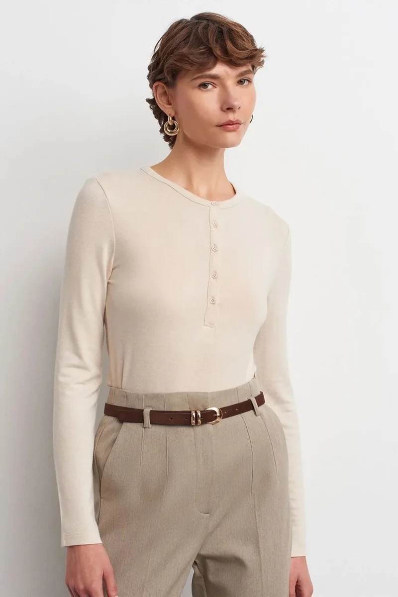 Dilvin Oatmeal Natural DILVIN Slim Fit V-Neck Button Blouse for Women | Best Price UAE