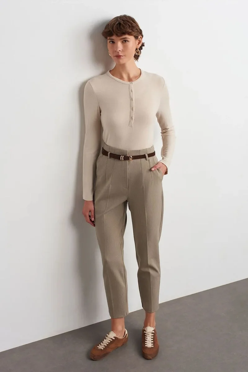 Dilvin Oatmeal Natural DILVIN Slim Fit V-Neck Button Blouse for Women | Best Price UAE