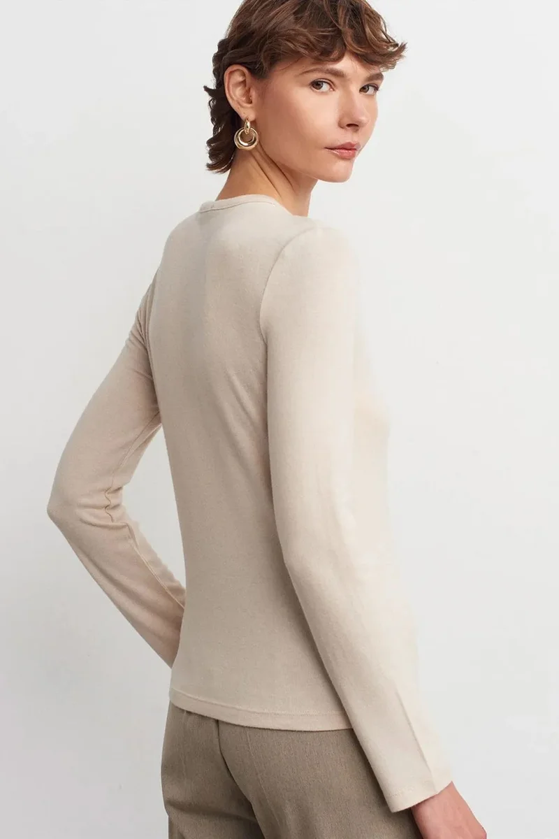 Dilvin Oatmeal Natural DILVIN Slim Fit V-Neck Button Blouse for Women | Best Price UAE
