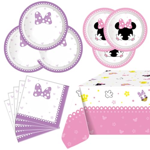 OULUN Party Tableware For Cute Mouse16 pcs Paper Plates 8pcs 9 inch and 8pcs 7inch20 Napkin and Table Cloth 86 x 52Girl Cute Mouse Birthday Party Decorate Supplies - Image 1