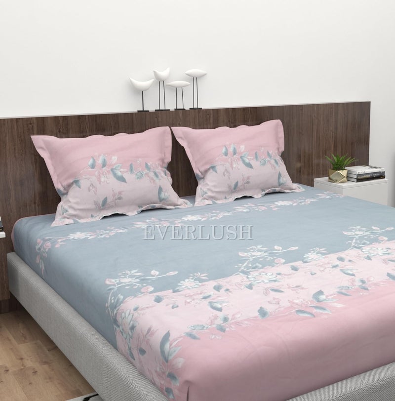 EVERLUSH 300 TC Glace Cotton Elastic Fitted Bedsheets Double King Size Bedsheets with 2 Pillow Covers- 72" X 78" (Pink Flower) - Image 2