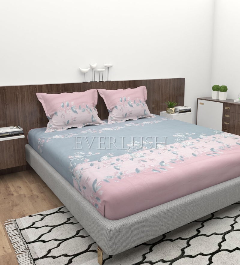 EVERLUSH 300 TC Glace Cotton Elastic Fitted Bedsheets Double King Size Bedsheets with 2 Pillow Covers- 72" X 78" (Pink Flower) - Image 1