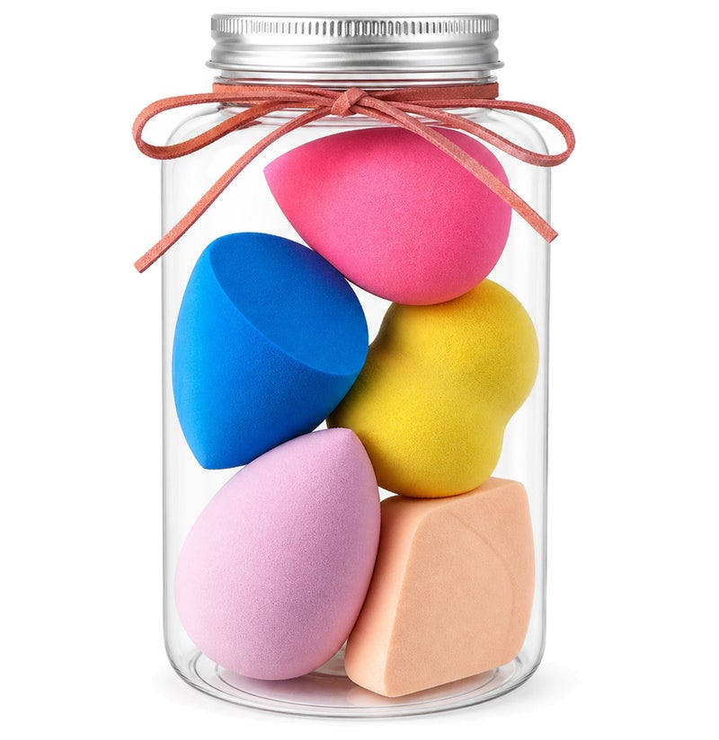 Me Now Makeup Sponge Set with Storage Jar Multi Shape Beauty Blender Sponges for Foundation Concealer Powder Cream Makeup Wet and Dry Use Soft Reusable Cosmetic Puff Set for Face Makeup (5 Pcs / 1 Jar) - Image 1