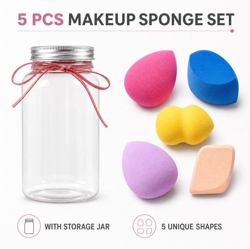 Me Now Makeup Sponge Set with Storage Jar Multi Shape Beauty Blender Sponges for Foundation Concealer Powder Cream Makeup Wet and Dry Use Soft Reusable Cosmetic Puff Set for Face Makeup (5 Pcs / 1 Jar) - Image 3