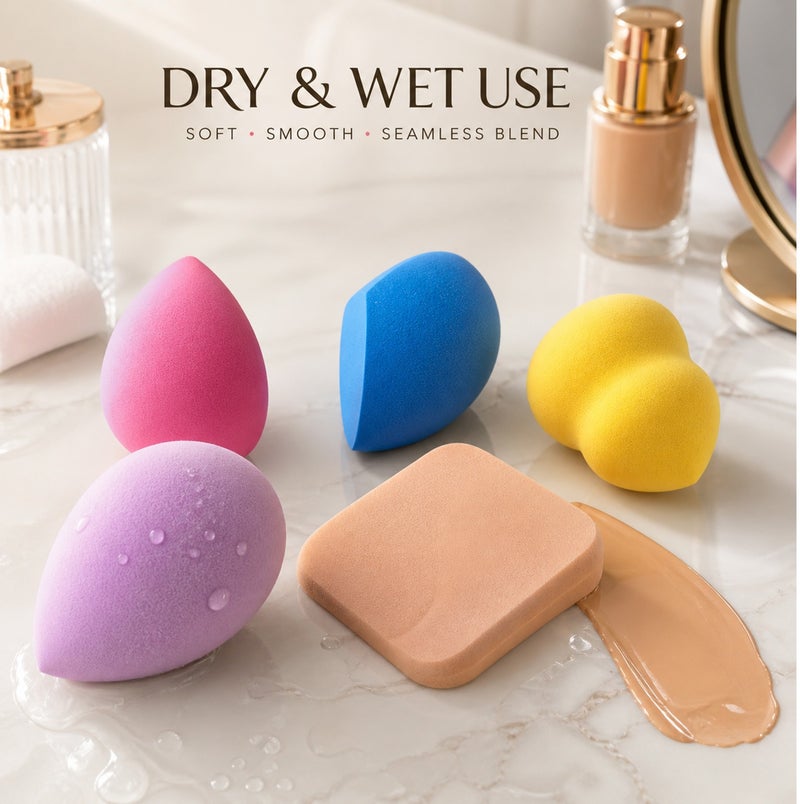 Me Now Makeup Sponge Set with Storage Jar Multi Shape Beauty Blender Sponges for Foundation Concealer Powder Cream Makeup Wet and Dry Use Soft Reusable Cosmetic Puff Set for Face Makeup (5 Pcs / 1 Jar) - Image 4