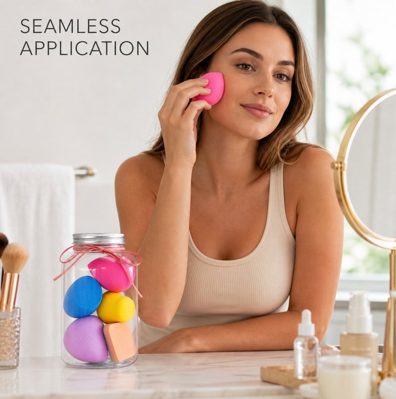 Me Now Makeup Sponge Set with Storage Jar Multi Shape Beauty Blender Sponges for Foundation Concealer Powder Cream Makeup Wet and Dry Use Soft Reusable Cosmetic Puff Set for Face Makeup (5 Pcs / 1 Jar) - Image 5