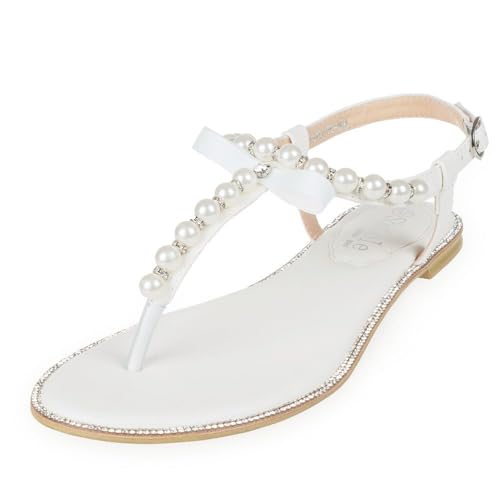 SheSole Women's Pearl T-Strap Bridal White Flat Sandals Beach Wedding Shoes US 9 - Image 1