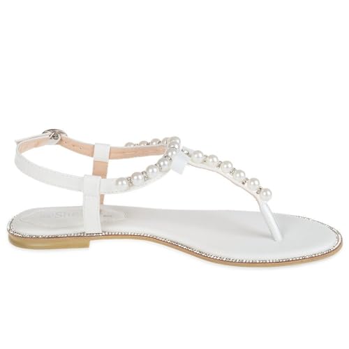SheSole Women's Pearl T-Strap Bridal White Flat Sandals Beach Wedding Shoes US 9 - Image 2