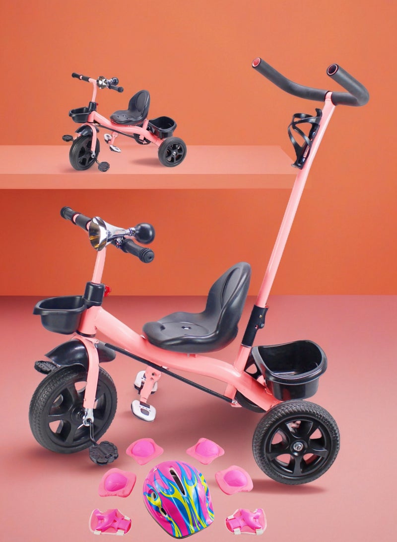 إيزي فيتشور دراجة ثلاثية العجلات سهلة الاستخدام للأطفال مع مقبض دفع للوالدين - لعبة دراجة أطفال مع سلة تخزين متوفرة باللون الرمادي والأحمر والوردي. تتضمن العبوة مجموعة كاملة من معدات الحماية - Image 1