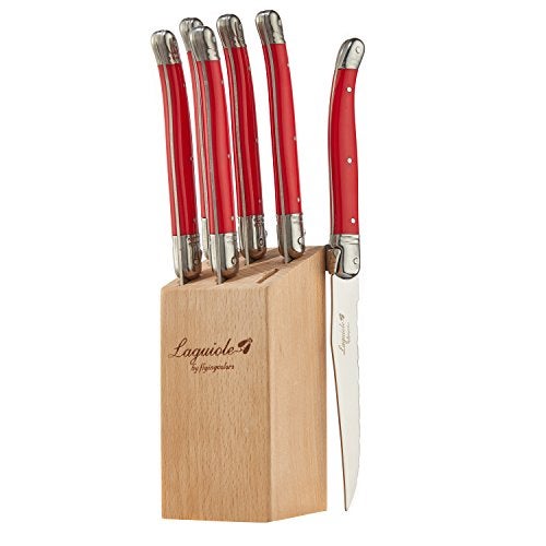 FLYINGCOLORS Laguiole By FlyingColors Steak Knife Set, Micro Serrated Blade, Stainless Steel, Wood Block, Red Color Handle, 6 Pieces (Red) - Image 1