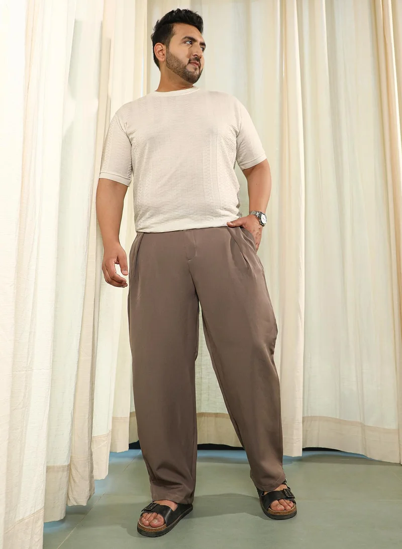 Instafab Plus Instafab Plus Men's Umber Brown Straight Pleated Trousers For Casual Wear | Mid-Rise | Straight Fit | Button Closure | Plus Size Trousers Crafted With Comfort Fit For Everyday Wear