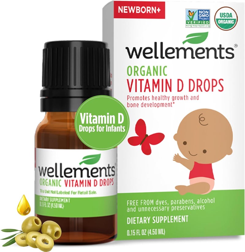 Wellements Baby Organic Vitamin D Drops for Infants  Toddlers 015 Fl Oz  Certified Newborn Liquid Vitamin D3 Drops Support Healthy Growth  Bone Development 1 Drop Daily  400 IU Per Serving - Image 1