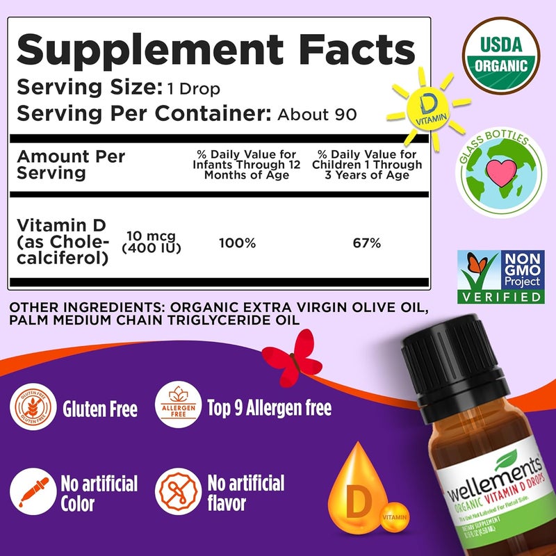 Wellements Baby Organic Vitamin D Drops for Infants  Toddlers 015 Fl Oz  Certified Newborn Liquid Vitamin D3 Drops Support Healthy Growth  Bone Development 1 Drop Daily  400 IU Per Serving - Image 3
