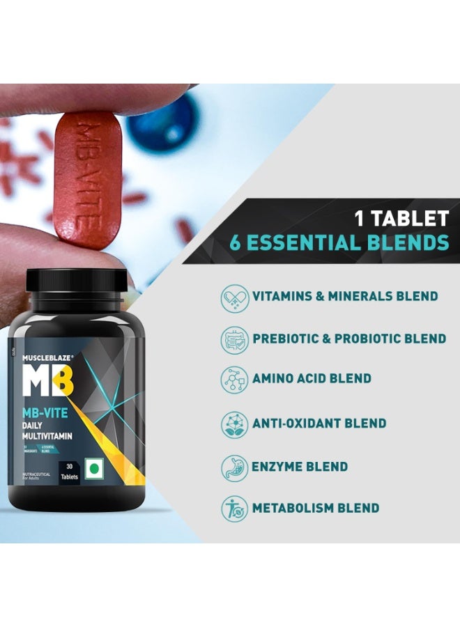 مسل بلايز MuscleBlaze MB-Vite فيتامينات متعددة للاستخدام اليومي (30 قرصاً) | يحتوي على 51 مكوناً و6 مزيجيات تشمل الفيتامينات والمعادن، والبريبايوتك والبروبيوتك، ومزيج الأحماض الأمينية | لتعزيز الطاقة والقدرة على التحمل وتسريع الاستشفاء - Image 3