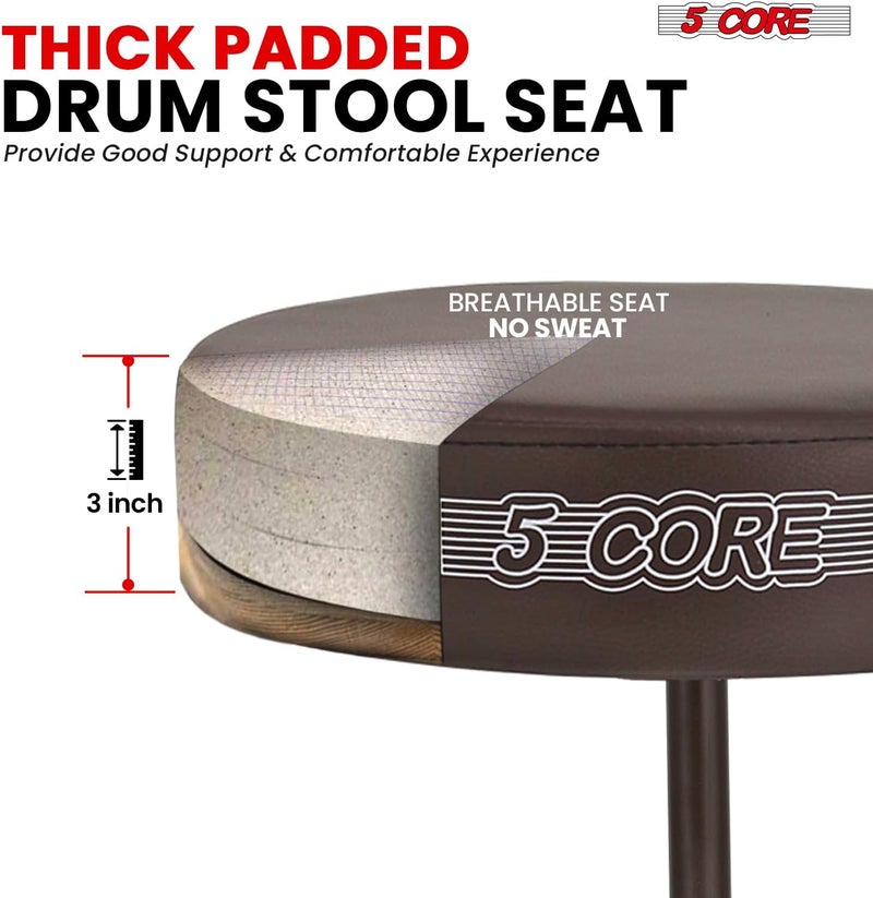 5 Core Drum Throne 3 Inch Thick Padded Memory Foam Comfortable Guitar Stool 330Lb Capacity Height Adjustable to 22" Drummer Seat for Adults and Kids Brown - DS 01 BR - Image 3