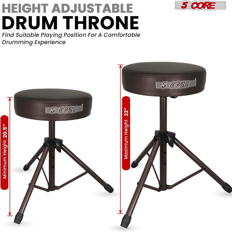 5 Core Drum Throne 3 Inch Thick Padded Memory Foam Comfortable Guitar Stool 330Lb Capacity Height Adjustable to 22" Drummer Seat for Adults and Kids Brown - DS 01 BR - Image 2