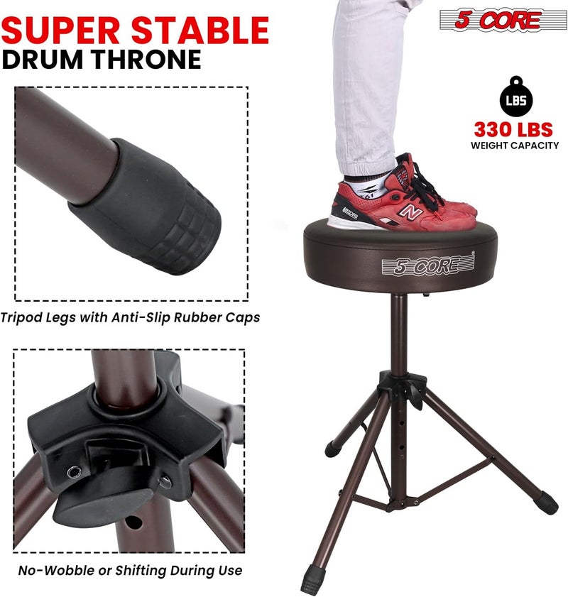 5 Core Drum Throne 3 Inch Thick Padded Memory Foam Comfortable Guitar Stool 330Lb Capacity Height Adjustable to 22" Drummer Seat for Adults and Kids Brown - DS 01 BR - Image 5