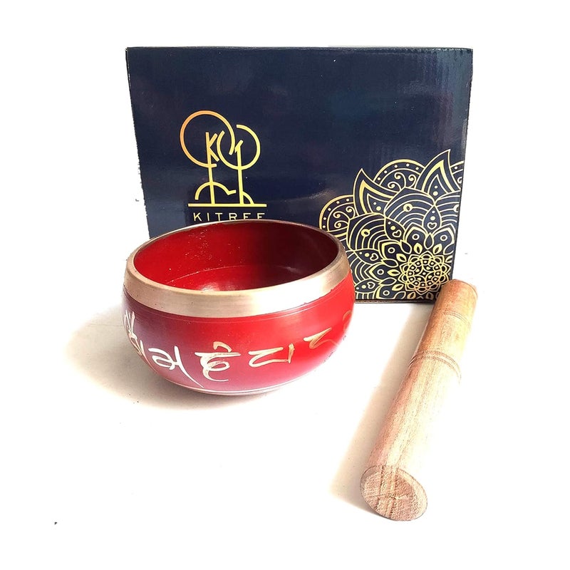 KITREE Singing Bowl | Tibetan Prayer Instrument With Wooden Stick | Authentic Healing Sound Meditation Bowl Set for Deep OM, Music Therapy - 4 Inch Red - Image 1
