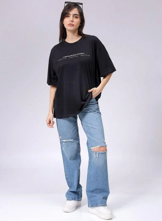 Freehand  Freehand Women Black Oversized Back Graphic T-Shirt for Women | Best Price UAE