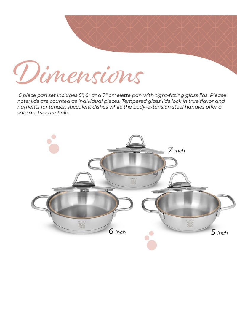 Serenk 6 Pieces Stainless Steel Egg Pan Set, 5" 6" and 7" Skillet Frying Pan with Glass Lids, Professional Grade Omelette Cooking Pan, Capsule Bottom, Dishwasher Safe, Induction Cooktop Compatible, Serenk Definition Series  - Image 4