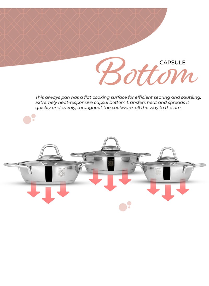 Serenk 6 Pieces Stainless Steel Egg Pan Set, 5" 6" and 7" Skillet Frying Pan with Glass Lids, Professional Grade Omelette Cooking Pan, Capsule Bottom, Dishwasher Safe, Induction Cooktop Compatible, Serenk Definition Series  - Image 5
