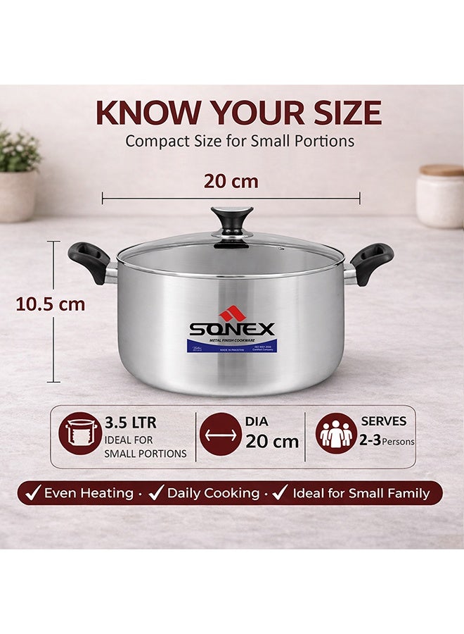 SONEX Premium Aluminium Cooking Pot 20 cm (3.5 Ltr), Metal Finish Casserole with Glass Lid, Bakelite Handles, Even Heat for Rice, Curry & Soup - Image 3