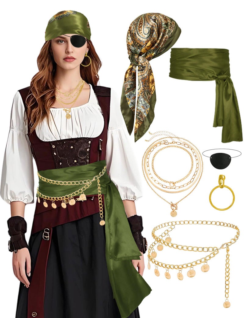 Cosrea Pirate Accessories For Women Captain Pirate Costume Women With Head Scarf Sash Chain Belt Necklace Eye Patch Party Outfit - Image 1