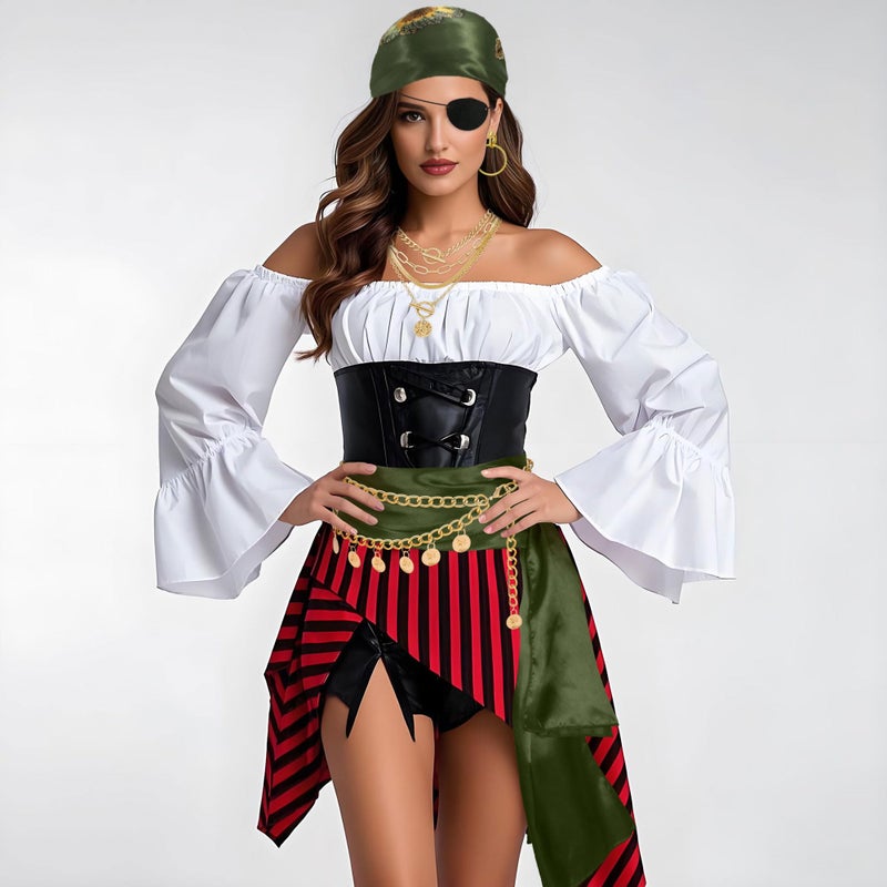 Cosrea Pirate Accessories For Women Captain Pirate Costume Women With Head Scarf Sash Chain Belt Necklace Eye Patch Party Outfit - Image 5