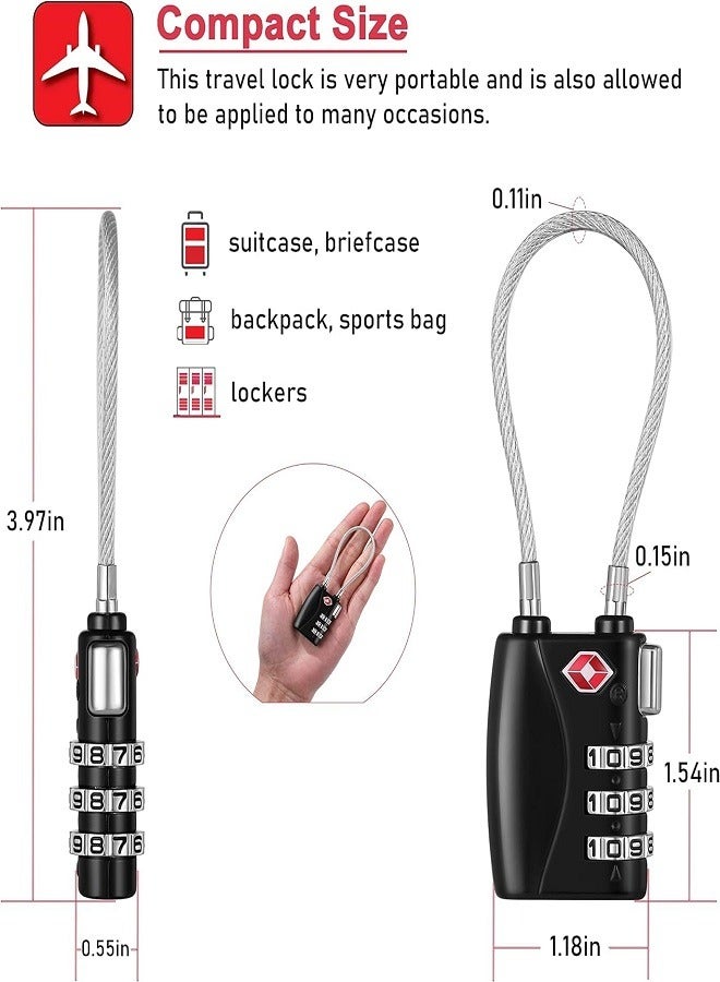 3 Digit Combination Cable Lock, TSA Lock for Luggage, Travel Padlock with Alloy Body for Suitcase, Baggage, School, Gym (Black+Silver)  - Image 2
