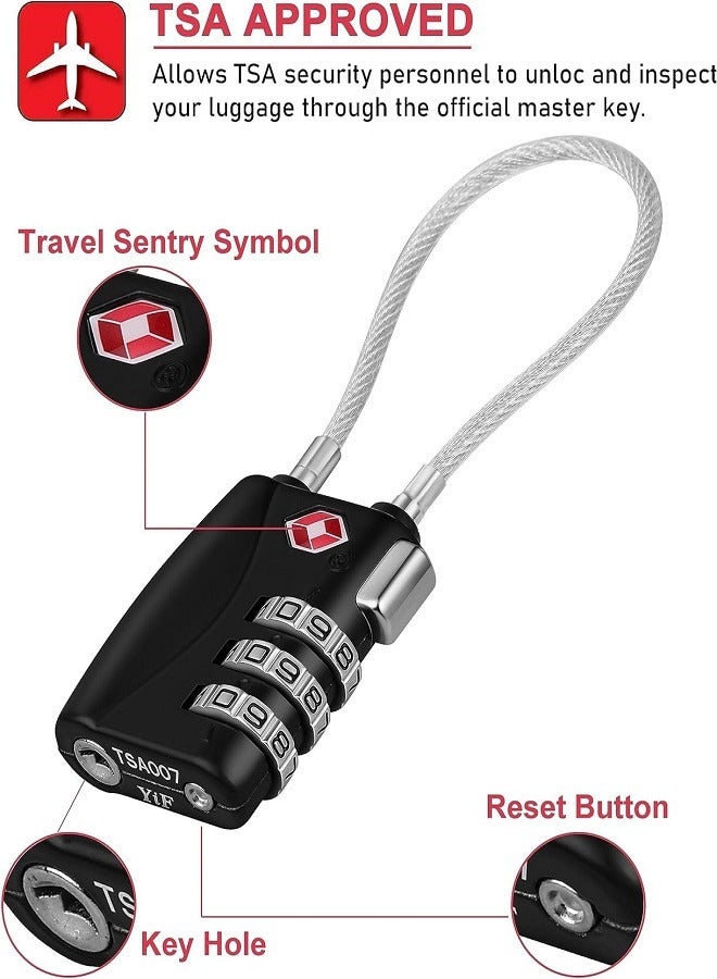3 Digit Combination Cable Lock, TSA Lock for Luggage, Travel Padlock with Alloy Body for Suitcase, Baggage, School, Gym (Black+Silver)  - Image 3
