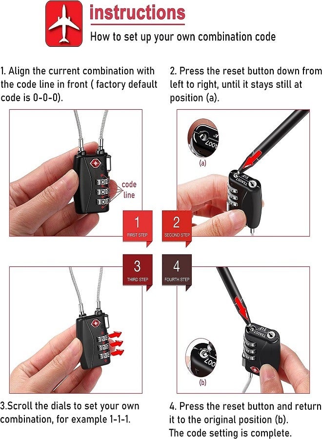 3 Digit Combination Cable Lock, TSA Lock for Luggage, Travel Padlock with Alloy Body for Suitcase, Baggage, School, Gym (Black+Silver)  - Image 5
