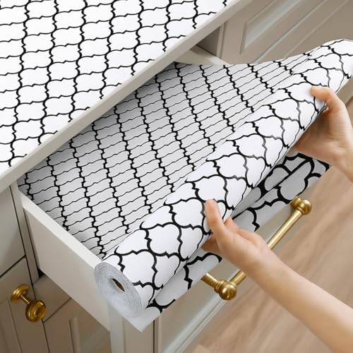 SUBETE Anti-Slip Waterproof Kitchen Drawer Liner | Non-Adhesive Shelf & Cabinet Mats | Anti-Skid Liner for Wardrobe, Cupboard, and Fridge | 45 cm x 300 cm (White Quatrefoil Pattern) - Image 1