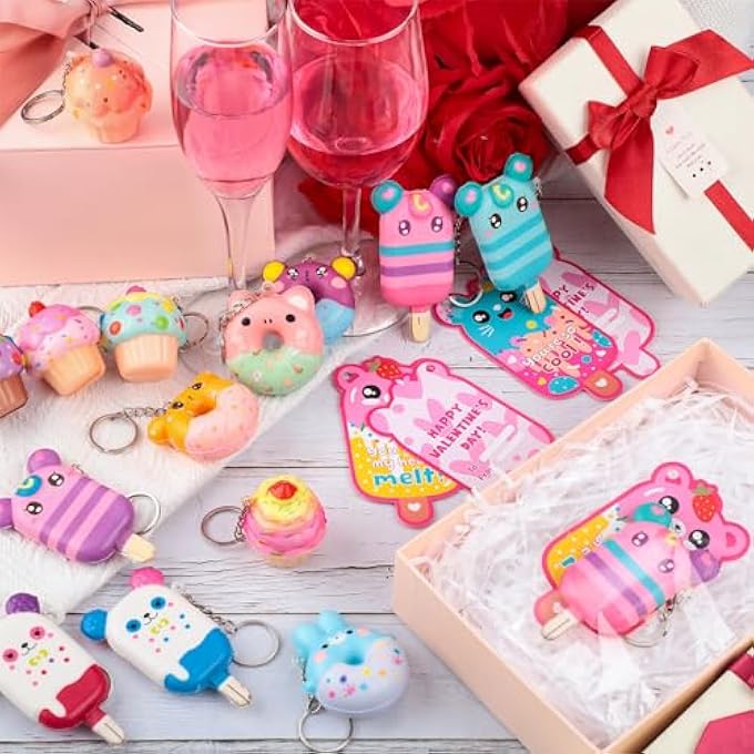 Quelay 36 Sets Valentines Day Cards for Kids Classroom with Scented Dessert Keychains Cute Toys Stress Relief Keychains Exchange Gift Prizes Party Favors for Boys Girls(Dessert) - Image 2