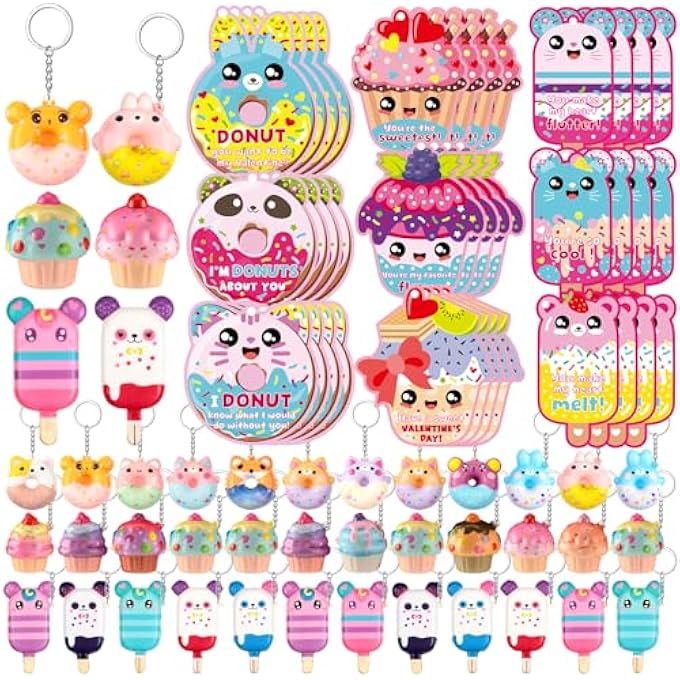 Quelay 36 Sets Valentines Day Cards for Kids Classroom with Scented Dessert Keychains Cute Toys Stress Relief Keychains Exchange Gift Prizes Party Favors for Boys Girls(Dessert) - Image 1