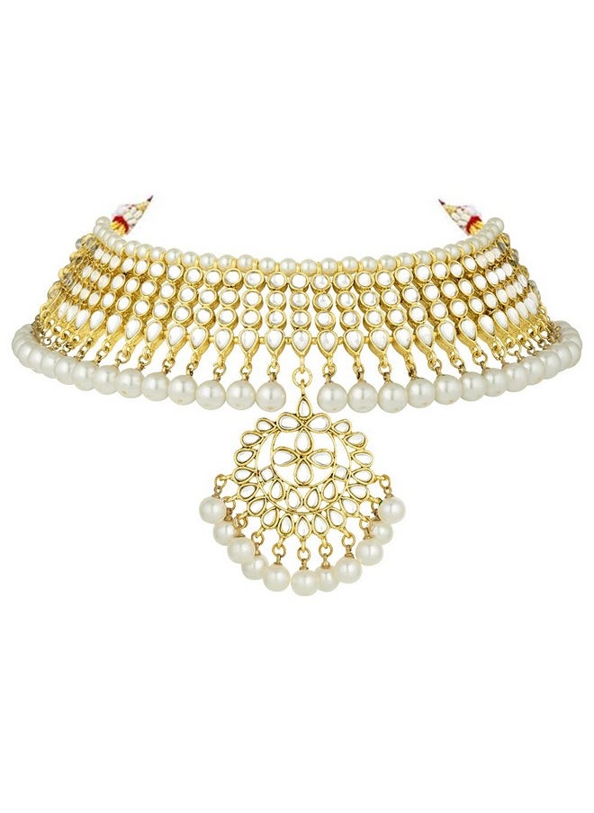 Aheli Faux Kundan Necklace Earrings Maang Tikka Set Indian Ethnic Wedding Fashion Jewelry Set For Women(White)  - Image 5