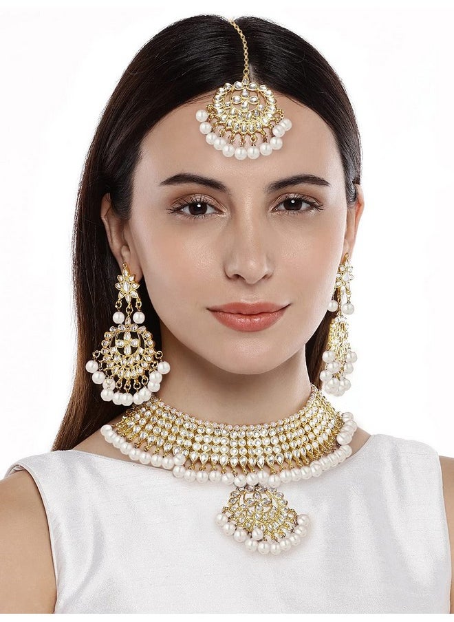Aheli Faux Kundan Necklace Earrings Maang Tikka Set Indian Ethnic Wedding Fashion Jewelry Set For Women(White)  - Image 2