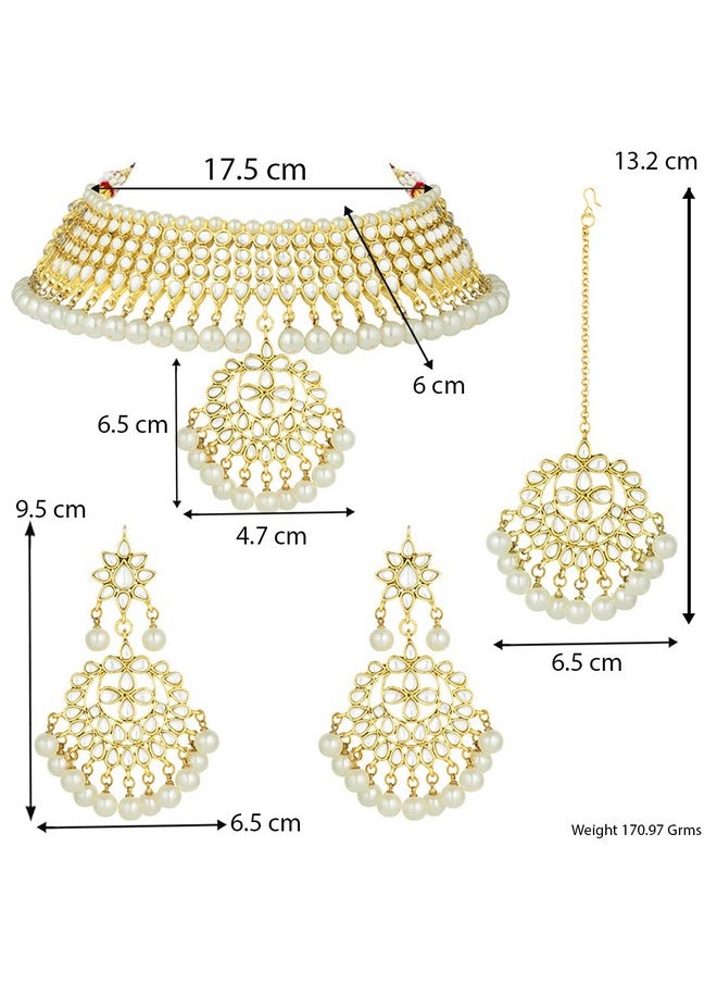 Aheli Faux Kundan Necklace Earrings Maang Tikka Set Indian Ethnic Wedding Fashion Jewelry Set For Women(White)  - Image 4
