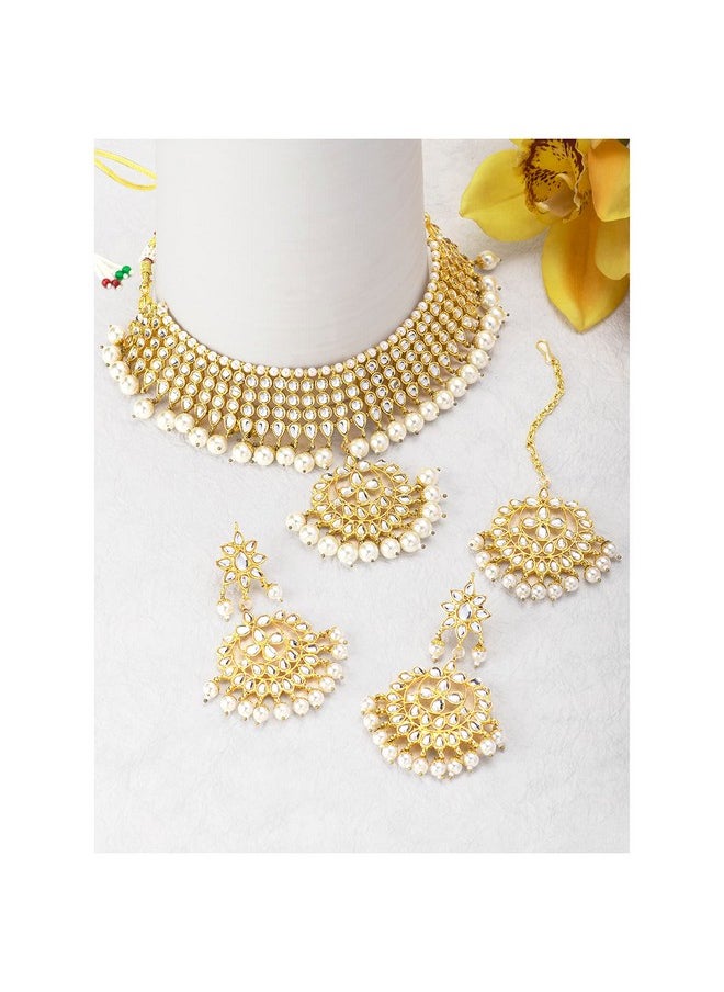 Aheli Faux Kundan Necklace Earrings Maang Tikka Set Indian Ethnic Wedding Fashion Jewelry Set For Women(White)  - Image 3