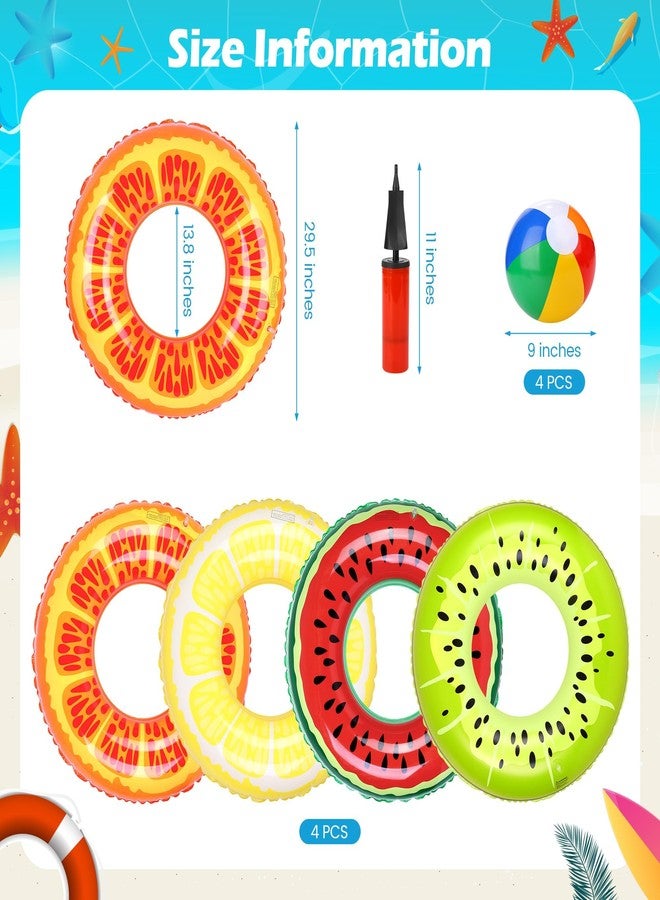 Elcoho 9 Pcs Beach Pool Party Favors, 4 Inflatable Pool Floats, 29.5" Fruits Swim Tubes Rings and 4 Pcs 9" Inflatable Beach Ball with Pump for Summer Beach Water Float Party, Swimming, Water Games - Image 2